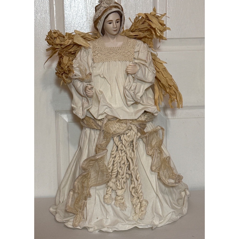 Vintage Porcelain Angel Tree Topper Corn Husk Wings Cream Lace Dress with Doves